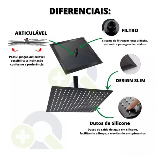 Kit Ducha Slim Quadrado 25x25cm Preto + 02 Acabamento Preto