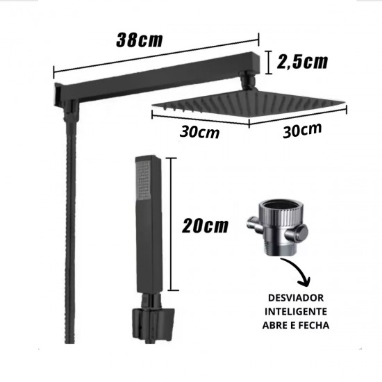 Ducha Chuveiro Quadrado 30x30 Slim A Gás Com Desviador preto fosco