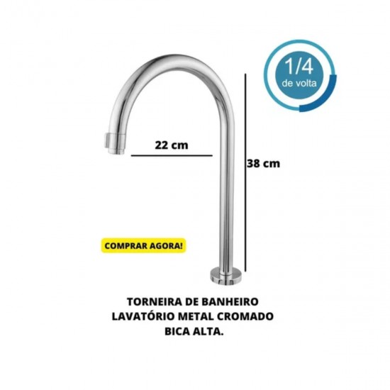 TORNEIRA LAVATORIO BANHEIRO BICA ALTA 1/4 DE VOLTA CROMADA