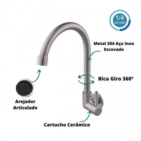 TORNEIRA DE PAREDE AÇO INOX ESCOVADO 304